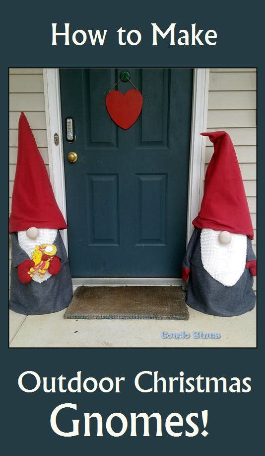 two gnomes sitting in front of a door with the words how to make outdoor christmas gnomes