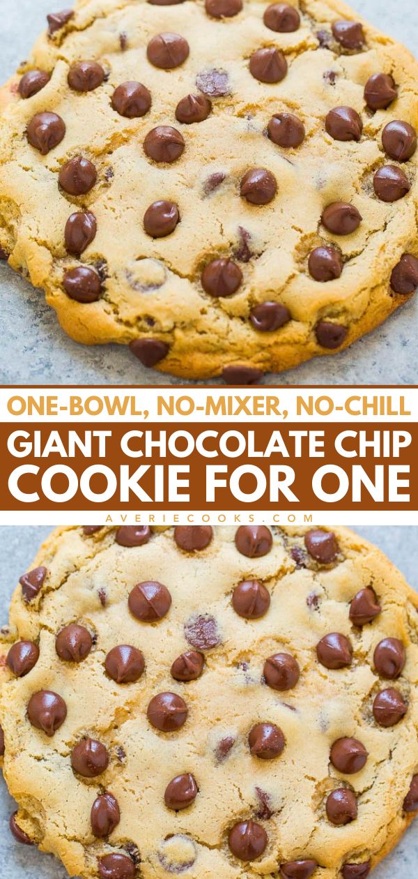 An extra large cookie for your next sweet food craving! In just minutes, you can have a giant chocolate chip cookie for one that's soft and chewy. Save this single serving chocolate chip cookie recipe for an easy dessert to make at home in one bowl with no mixer and no chilling! Deep Dish Cookie For One, Quick Desserts With Chocolate Chips, Single Serving Cookie Dough Recipe, Giant Cookie Recipe For One, Single Cookie Recipe No Egg, Chocolate Chip Cookies For 2, Super Easy Chocolate Desserts, One Minute Chocolate Chip Cookie, One Person Chocolate Chip Cookie