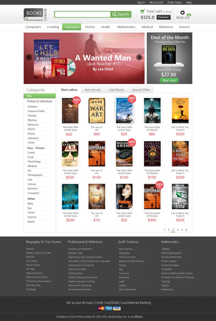 an image of a website page with many books on the front and back pages, including one