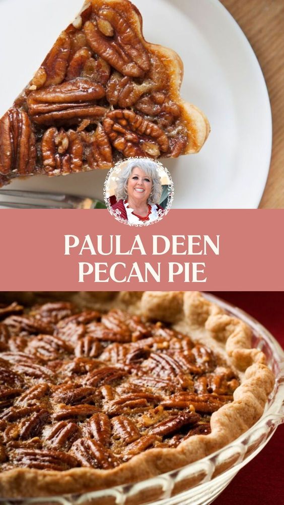 a pecan pie on a white plate with the words paula deen pecan pie