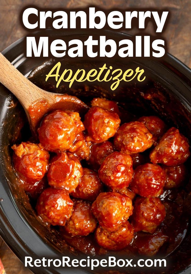 cranberry meatballs in a slow cooker with text overlay that reads, cranberry meatballs appetizer