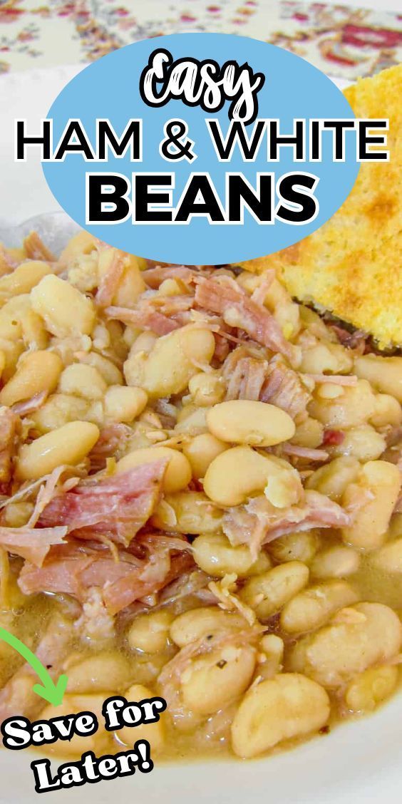 ham and white beans are served on a plate with buttered bread for an easy dinner