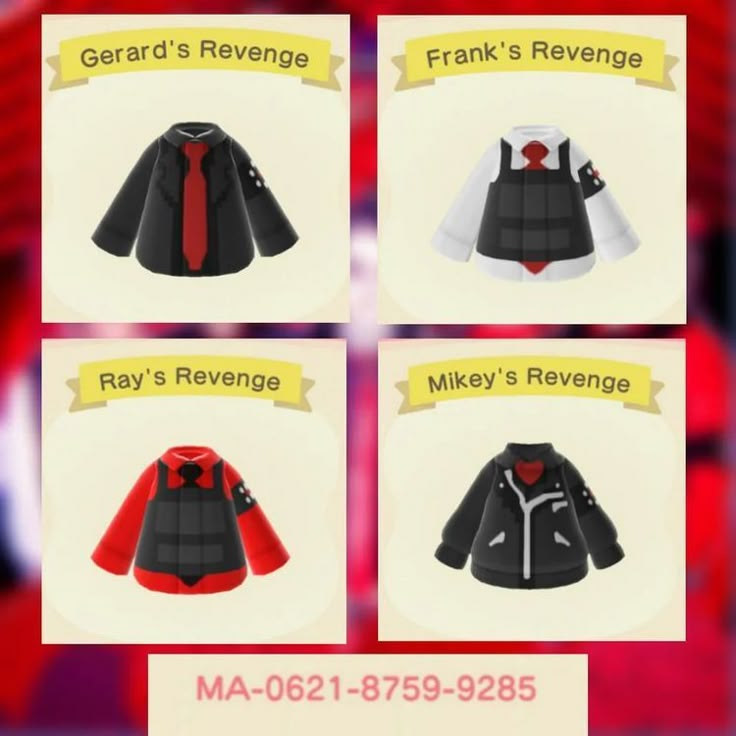 four different styles of clothing on display in front of a red and white sign that says frank's reverse