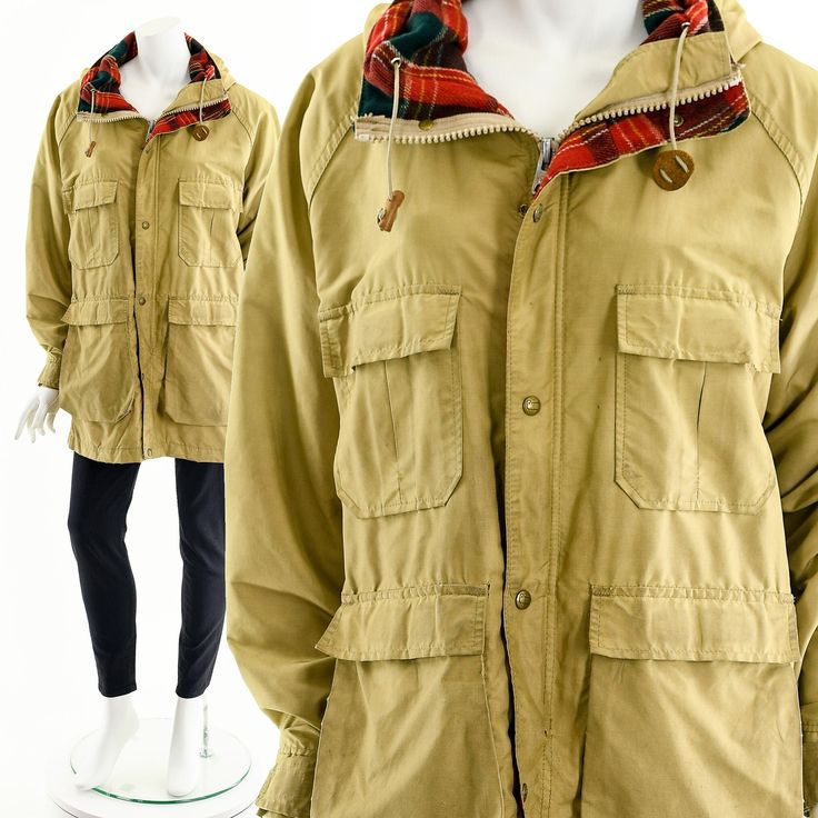 "- Vintage Woolrich tan wool anorak style coat with utilitarian details - tan wool-lined jacket with hood - zipper and snap front closure - four front pockets - pocket on back Brand/Designer/Label: Woolrich Tag Size: N/A Fits like: M - L Material: Wool, nylon Condition: Good (a bit worn) Clipped on Mannequin: No ✂ S I Z E + F I T ✂ Length: 32\" / 81 cm Shoulders, seam to seam: 26\" / 66 cm Sleeve Length: 22\" / 56 cm Bust: 46\" / 117 cm Waist: 44\" / 112 cm All measurements are taken with garmen Wool Anorak, Military Inspired Jacket, Dress Form Mannequin, Vintage Woolrich, Beige Jacket, Style Coat, Coat Vintage, Rustic Outdoor, Outdoor Jacket