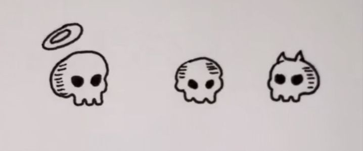 three skulls with different shapes and sizes are depicted on a white wall, one has an object in the middle