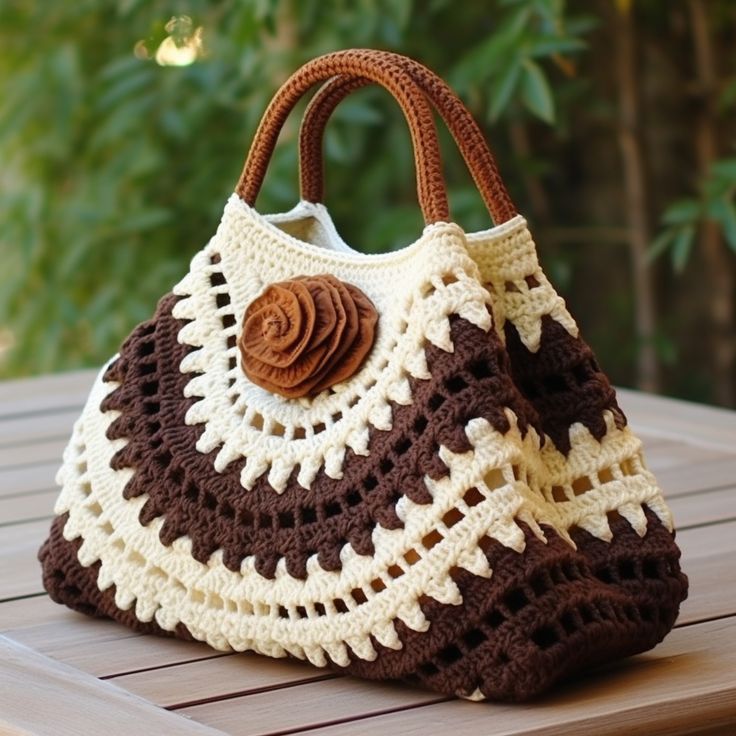 a brown and white crocheted purse sitting on top of a wooden table next to a tree