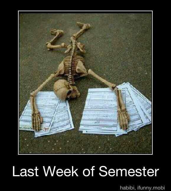 a skeleton laying on top of papers with the caption last week of semester