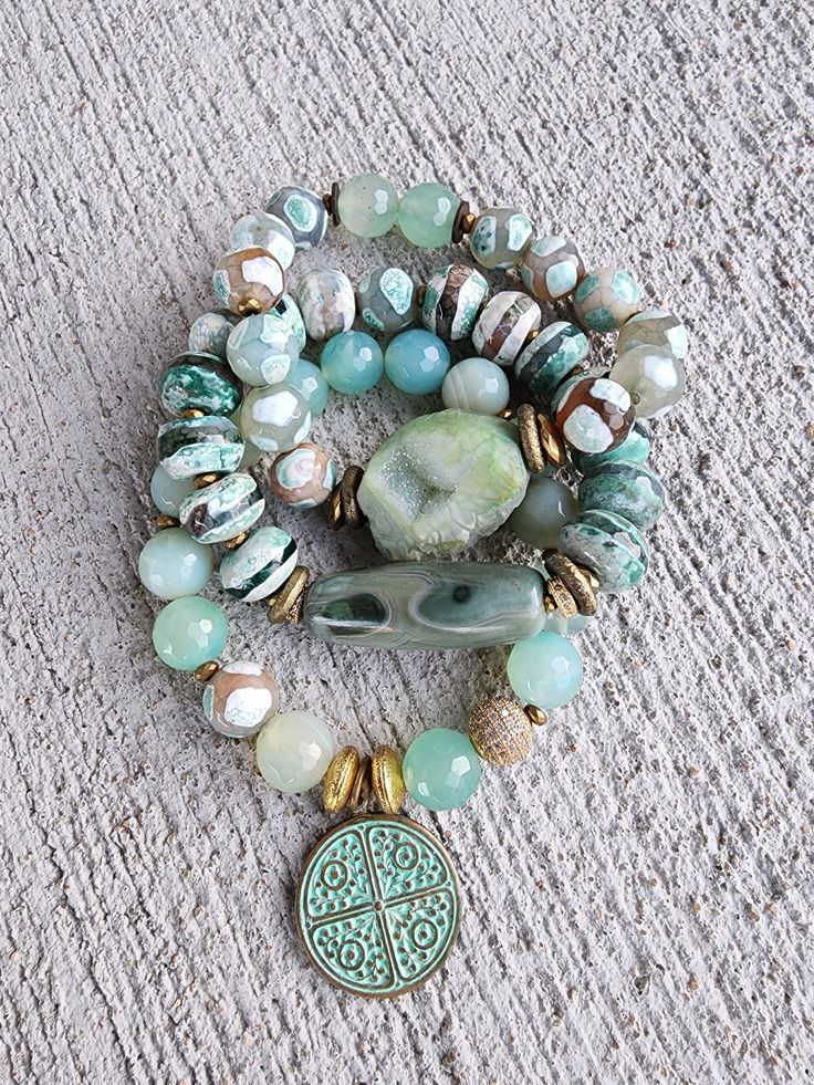 Keppel Green Tea | gemstone bracelet set - LuxeRebel Green Diy Bracelet, Large Bead Bracelet, Jewelry Video, Multistrand Bracelet, Bohemian Luxe, Printers Drawer, Jewelry Casual, Bracelets Women, Tibetan Jewelry