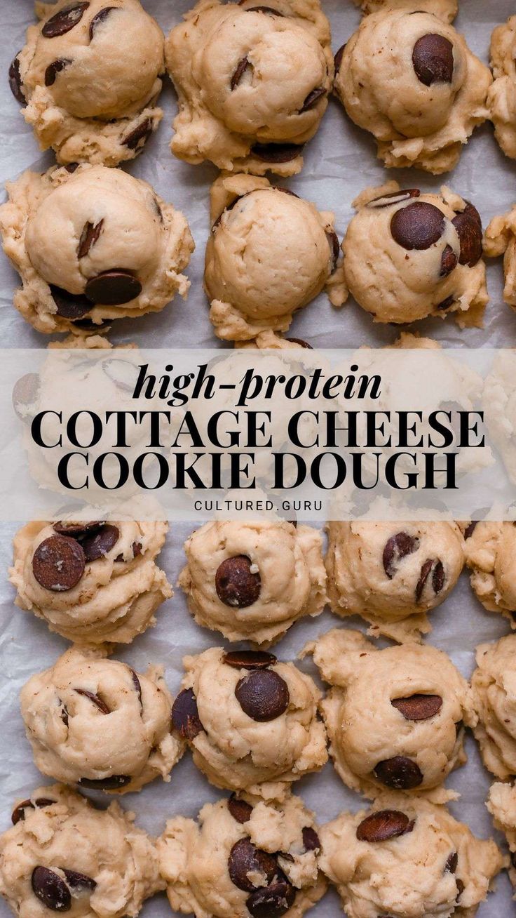 high protein cottage cheese cookie dough on a baking sheet with chocolate chips in the middle