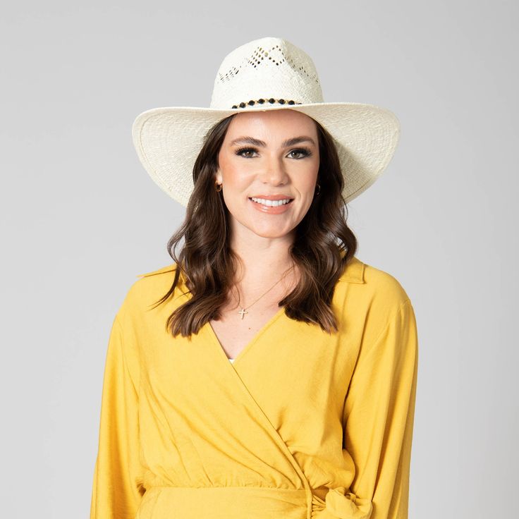 This chic and comfy Anytime fedora is a must-have! Sit back and relax in style with this hand-woven paper straw hat, featuring a beaded band and timeless ventilated pattern that will keep you cool in the summer sun. The perfect accessory for those days when you just don't feel like wearing your usual cap! Features: Color: Natural 100% paper Brim Size: 4" Women's One Size: 57cm Adjustable UPF 50 Western Style Sun Hat For Kentucky Derby, Western Style Sun Hat For Kentucky Derby Vacation, Western Sun Hat For Kentucky Derby Vacation, Western Style Derby Sun Hat For Vacation, Bohemian Hats For Kentucky Derby Day Out, Chic Toquilla Straw Hat Bands For Beach, Bohemian Hat For Kentucky Derby And Day Out, Bohemian Hat For Kentucky Derby Day Out, Western Style Panama Hat For Vacation