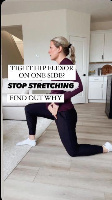 a woman is doing yoga in her living room with the words, tight flexor on one side? stop stretching and find out why