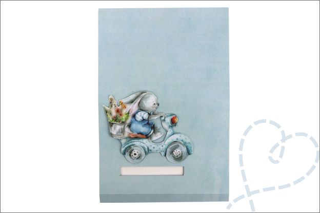 an elephant on a scooter with other animals in the back and blue background