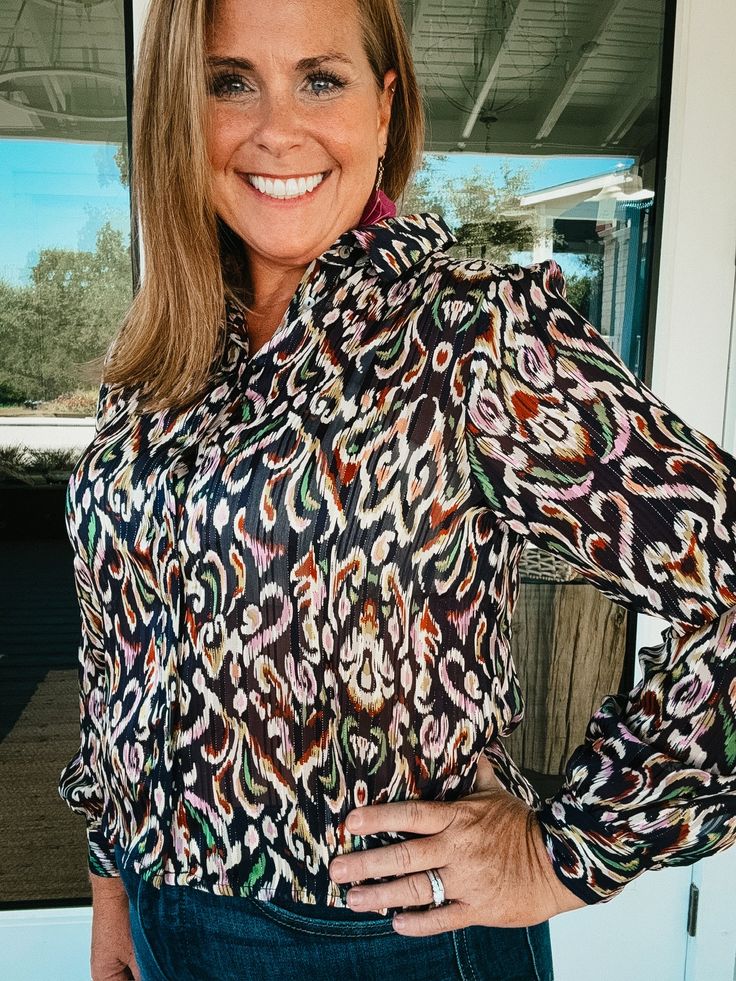 This amazing blouse is even more gorgeeous in person. The colors are so rich and vibrant. The front of this blouse is shorter than the back making it so it doesn't have to be tucked in. The fabric has a silver thread throughout that is sooo pretty. True to size. Janell is a 5'5" and a size 6 wearing size small in the blouse. Dana is 5'5" and a size 14 wearing size Large. Georgetown Texas, Nickel And Suede, School Collection, Fall Transition, Boho Fall, Athleisure Wear, Dress Hats, Navy Floral, Fall Collections