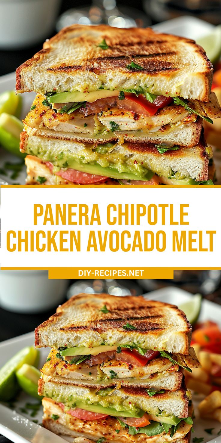 two grilled chicken avocado melt sandwiches stacked on top of each other with the title overlay reading panera chipotle chicken avocado melt