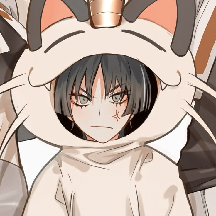 an anime character with black hair wearing a white cat costume and looking at the camera