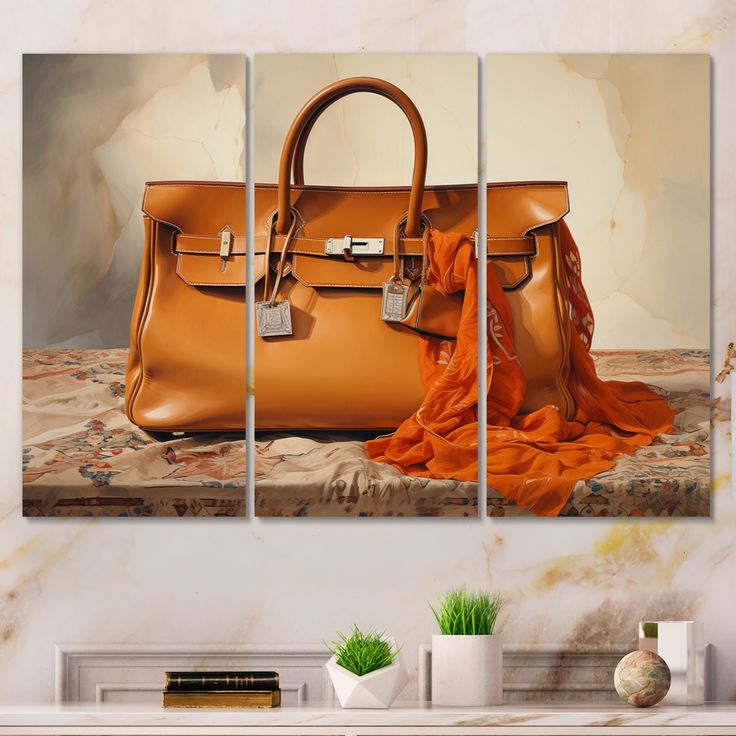 three pieces of art depicting a handbag and an orange scarf on a table top