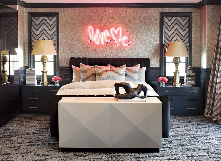 an advertisement for a bed and nightstands in a bedroom with lights on the wall