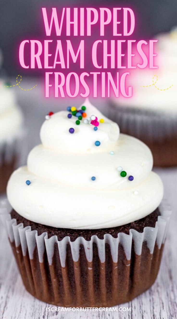 cupcake with whipped cream frosting with text overlay Whipped Icing Recipes, Fluffy Icing, Cupcake Topping, Frost Cupcakes, Whipped Cream Icing, Fluffy Cream Cheese Frosting, Whipped Icing, Whipped Cream Cheese Frosting, Fluffy Frosting