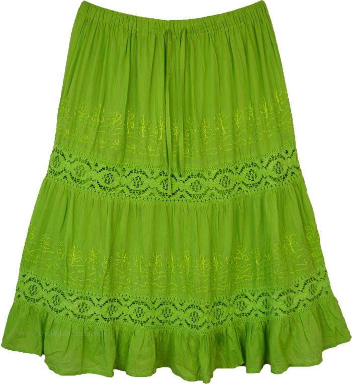 This lightweight cotton skirt in fresh grass green color with gathers on top for flare is a cool boho chic skirt for summers.  This is a casual everyday skirt with lace details, embroidery and panels for fullness. #tlb #Embroidered #Lace #XLPlus #greenmidlengthskirt #cottonskirt Green Cotton Maxi Skirt With Relaxed Fit, Green Cotton Maxi Skirt, Green Cotton Casual Maxi Skirt, Green Cotton Lined Maxi Skirt, Green Cotton Maxi Skirt With Lining, Green Flowy Cotton Maxi Skirt, Green Flared Maxi Skirt For Summer, Green Cotton Summer Skirt, Spring Green Cotton Skirt