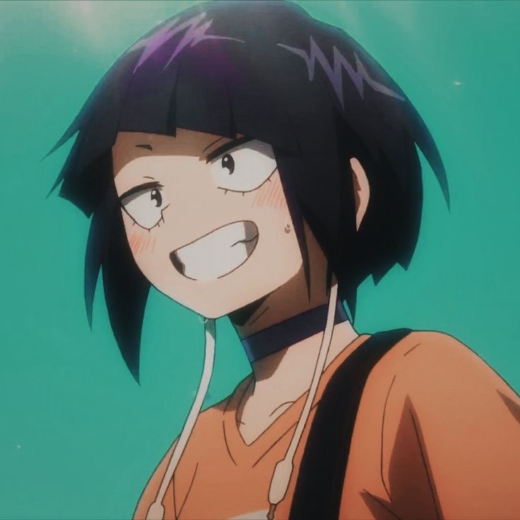 an anime character with black hair and piercings looking at the camera while wearing headphones