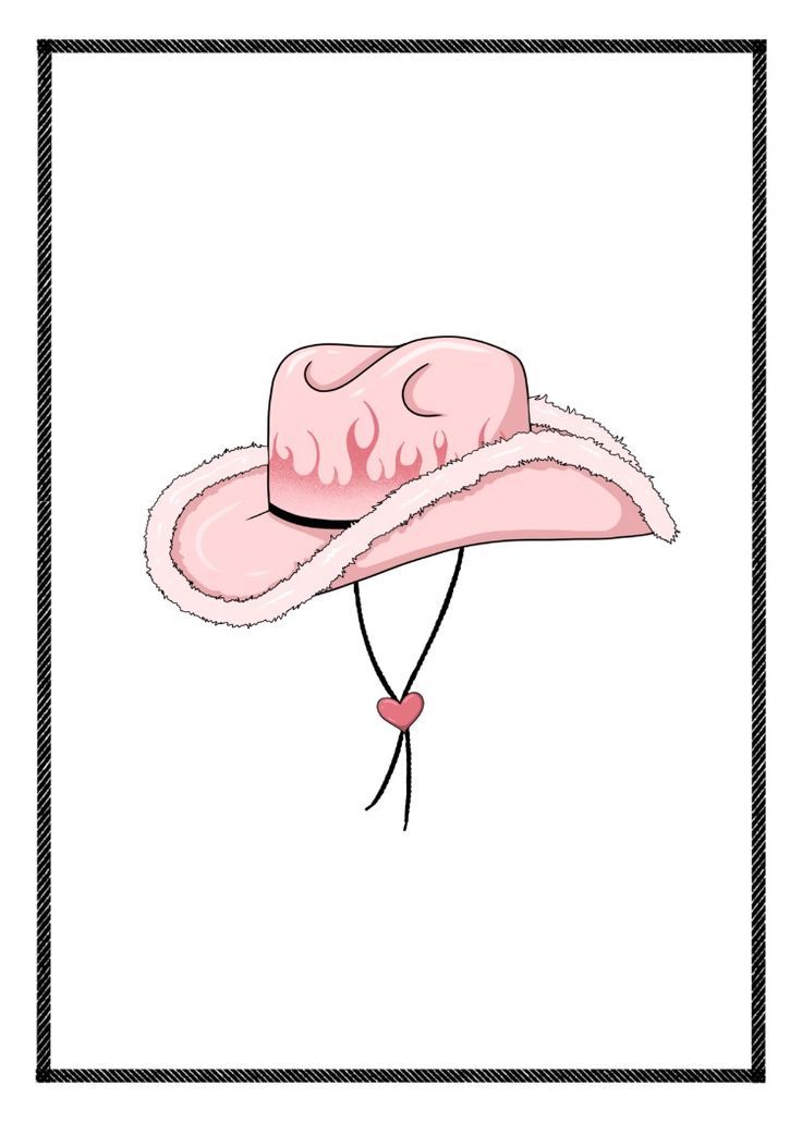 a pink cowboy hat with white fur on it's brim and black frame