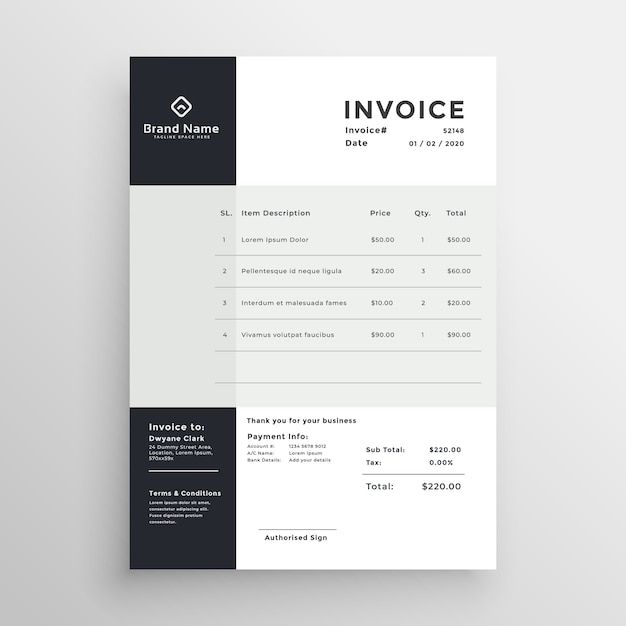 an invoice form with black and white accents