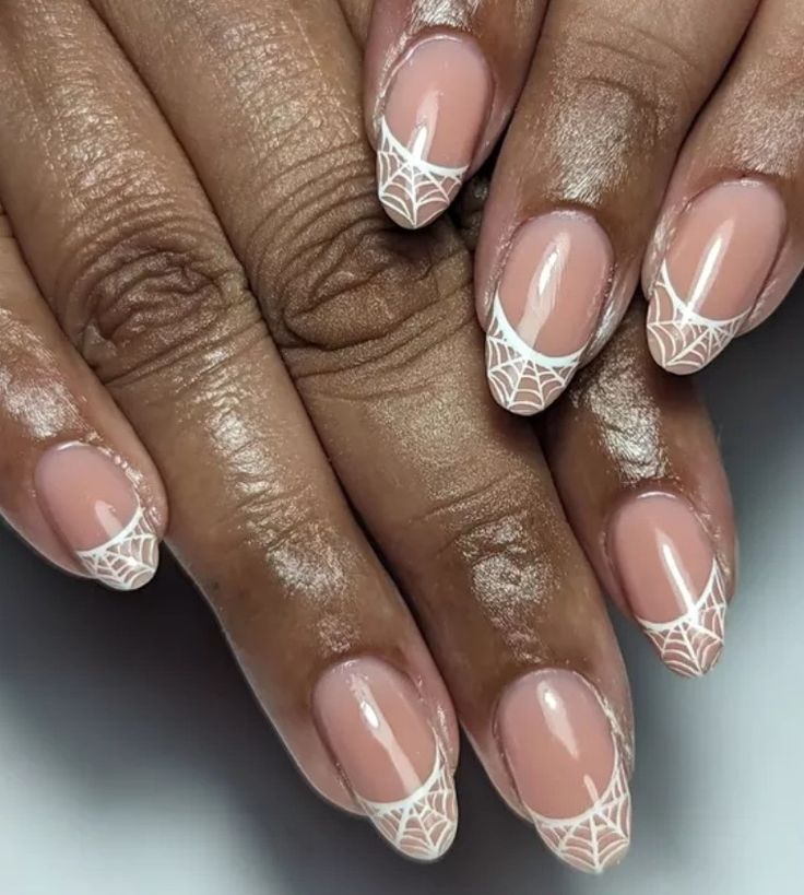 Clear Halloween Nail Designs, Halloween Nails Trendy, Short Almond Halloween Nails Designs, Nail Inspo Halloween Simple, Nude Pumpkin Nails, Halloween Nails Neutral, Nude Halloween Nail Designs, Spiderweb French Tip, Halloween Nail Ideas Short