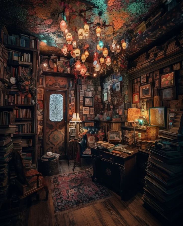 a room filled with lots of books on top of a wooden floor