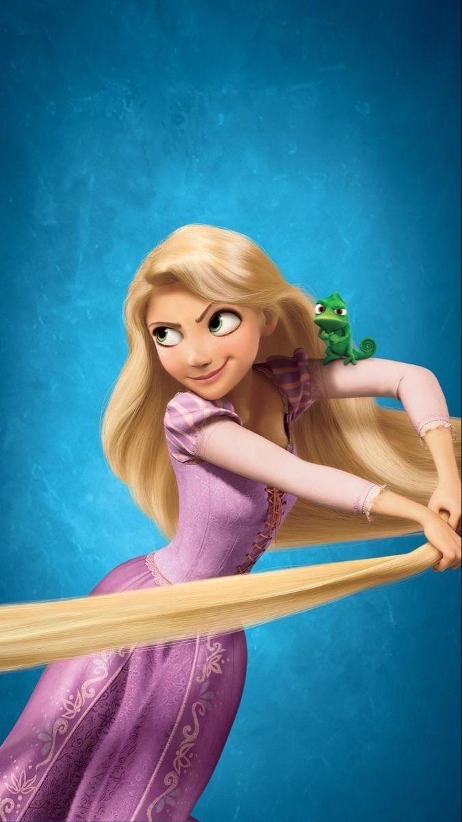 tangled blonde haired girl in purple dress with frog on her shoulder and long hair flying through the air