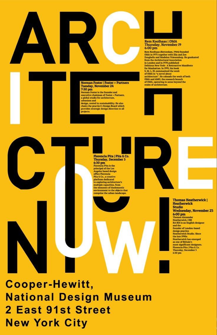 an advertisement for the new york museum of art, including black and white letters on yellow background