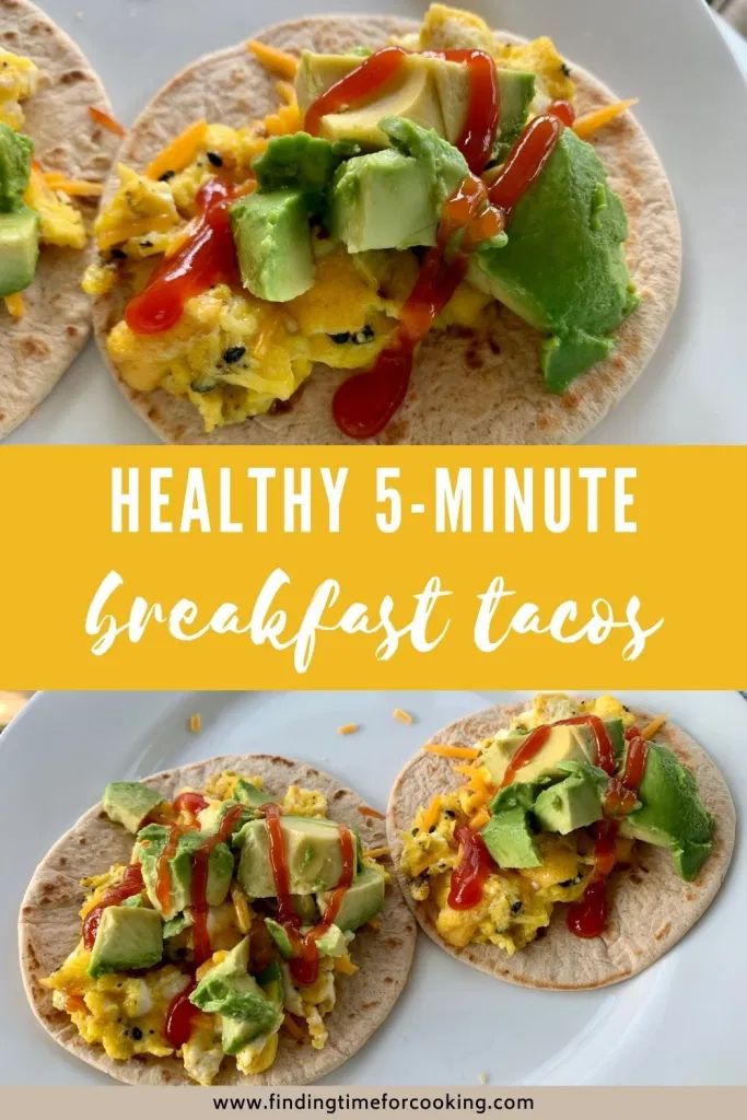 three breakfast tacos on a plate with the words healthy 5 - minute breakfast tacos