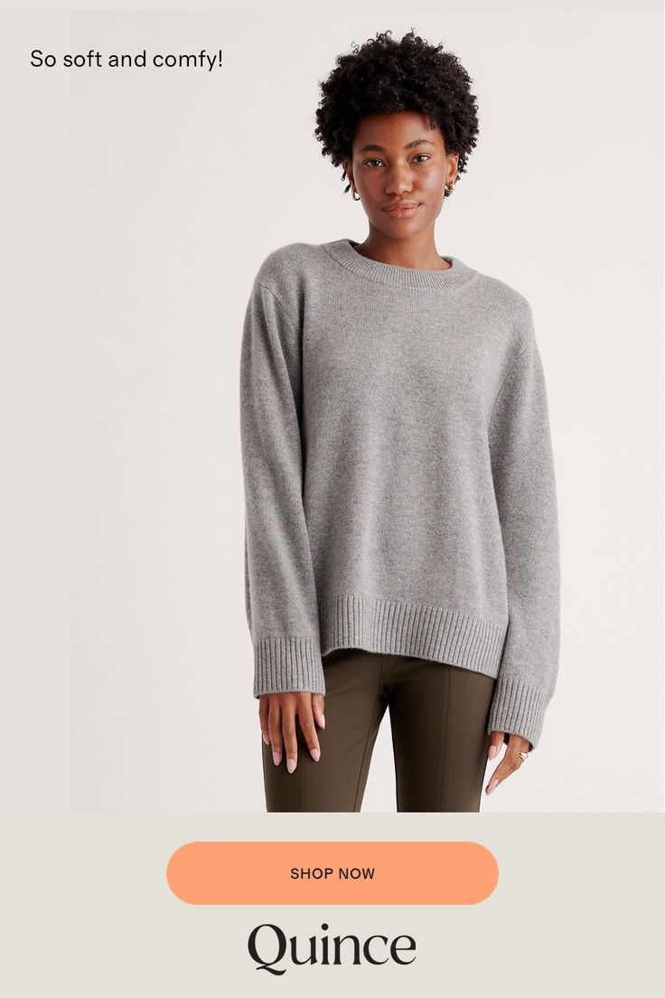 It's our classic crewneck sweater, supersized. With an extra-slouchy boyfriend fit, our cozy Mongolian Cashmere Oversized Crewneck Sweater is the quietly luxurious layer you've been looking for. Crafted in an indulgent medium-gauge cashmere knit with a wide-ribbed neckline and cuffs, it's the ultimate in coziness.  | Quince | Women's Mongolian Cashmere OverSized Crewneck Sweater in Heather Grey, Size Large Everyday Boxy Fit Crew Sweater, Boxy Fit Crew Neck Sweater For Layering, Oversized Crew Neck Sweater For Everyday, Boxy Fit Sweater For Everyday Fall Wear, Fall Everyday Boxy Fit Sweater, Relaxed Crew Neck Sweater With Ribbed Cuffs, Relaxed Crew Neck Sweater For Fall, Everyday Fall Sweater With Drop Shoulder, Everyday Drop Shoulder Sweater For Fall