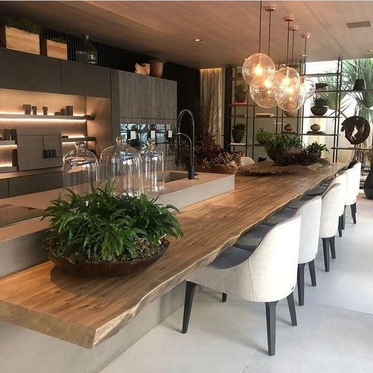 a table with some plants on it and lights hanging from the ceiling in front of it