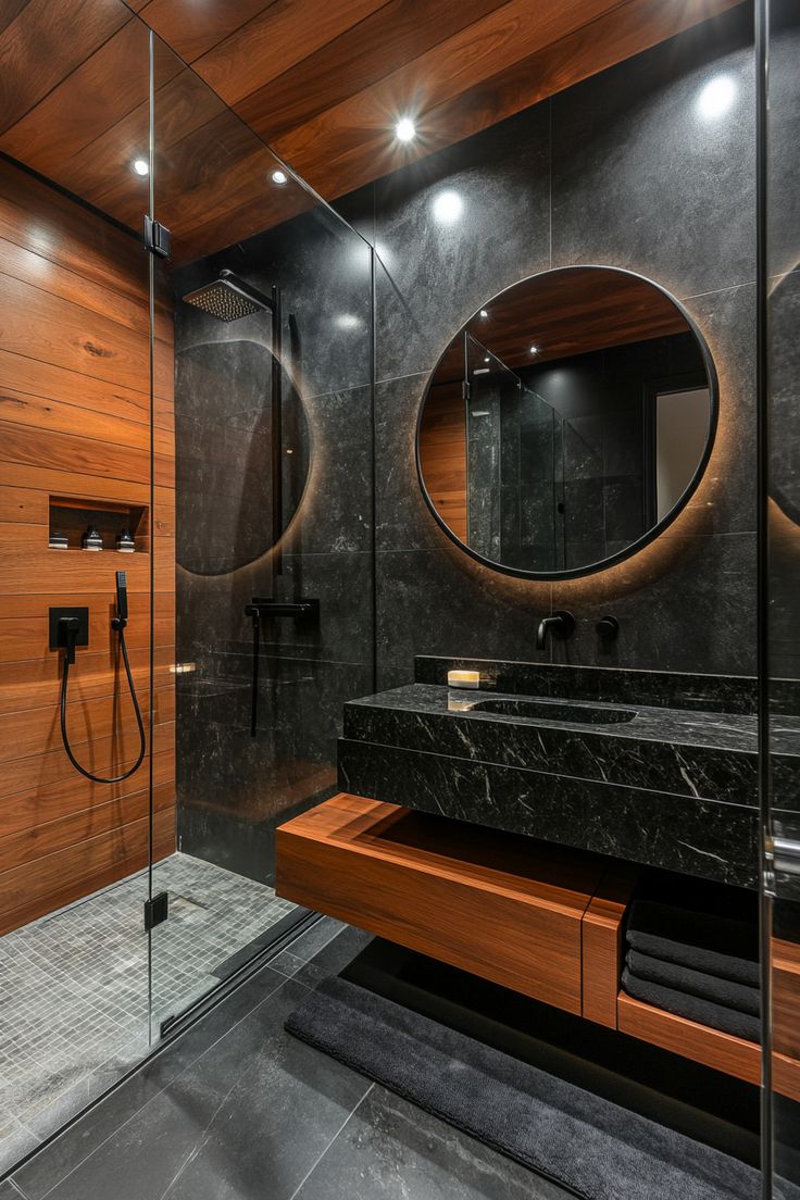 a modern bathroom with black marble and wood accents