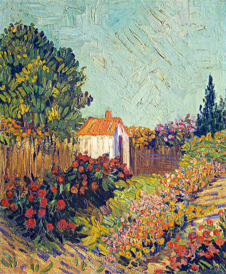 a painting of a garden with flowers and a house in the background