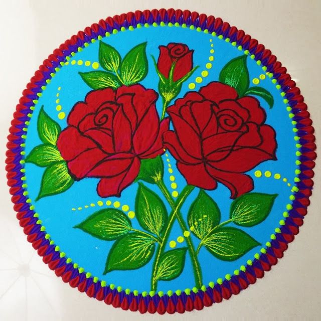 a painting of three red roses on a blue circle with green leaves and dots around the edges