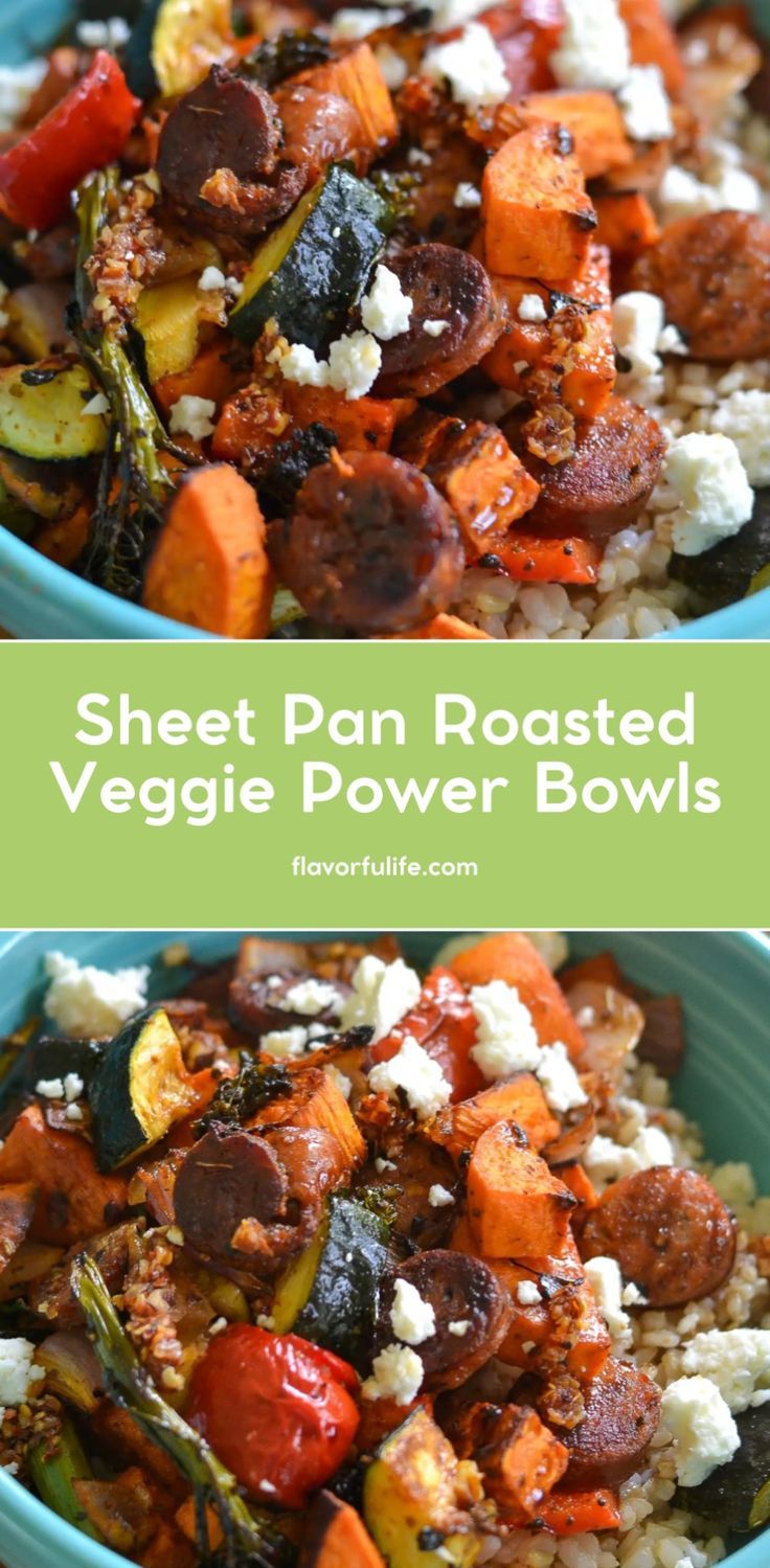 two bowls filled with veggie power bowls and the words, sheet pan roasted veggie power bowls