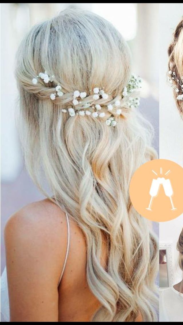 two pictures of different styles of hair with flowers in the middle and one is half - up