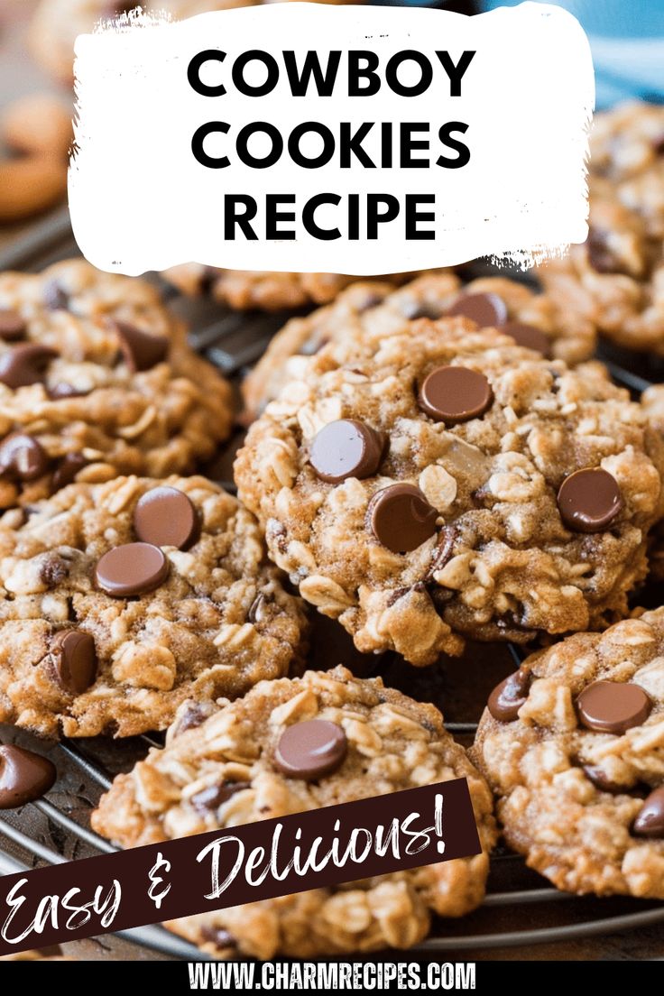 cowboy cookies recipe on a cooling rack with chocolate chips