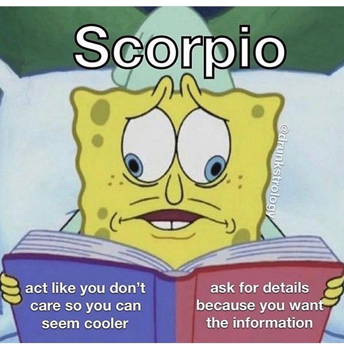 spongebob reading a book with the caption scorpio act like you don't care so you can seem