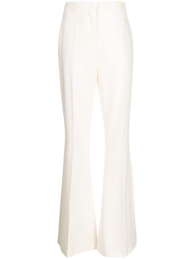 milk white flared high-waisted concealed front fastening belt loops pressed crease Trousers White, White Flares, Flared Trousers, High Waisted Flares, Zuhair Murad, Bell Bottom Pants, Flare Trousers, Bell Bottoms, Bottoms Pants