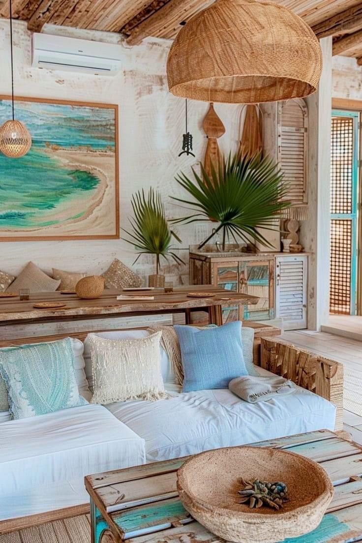 a living room filled with lots of furniture next to an ocean side wall mounted painting