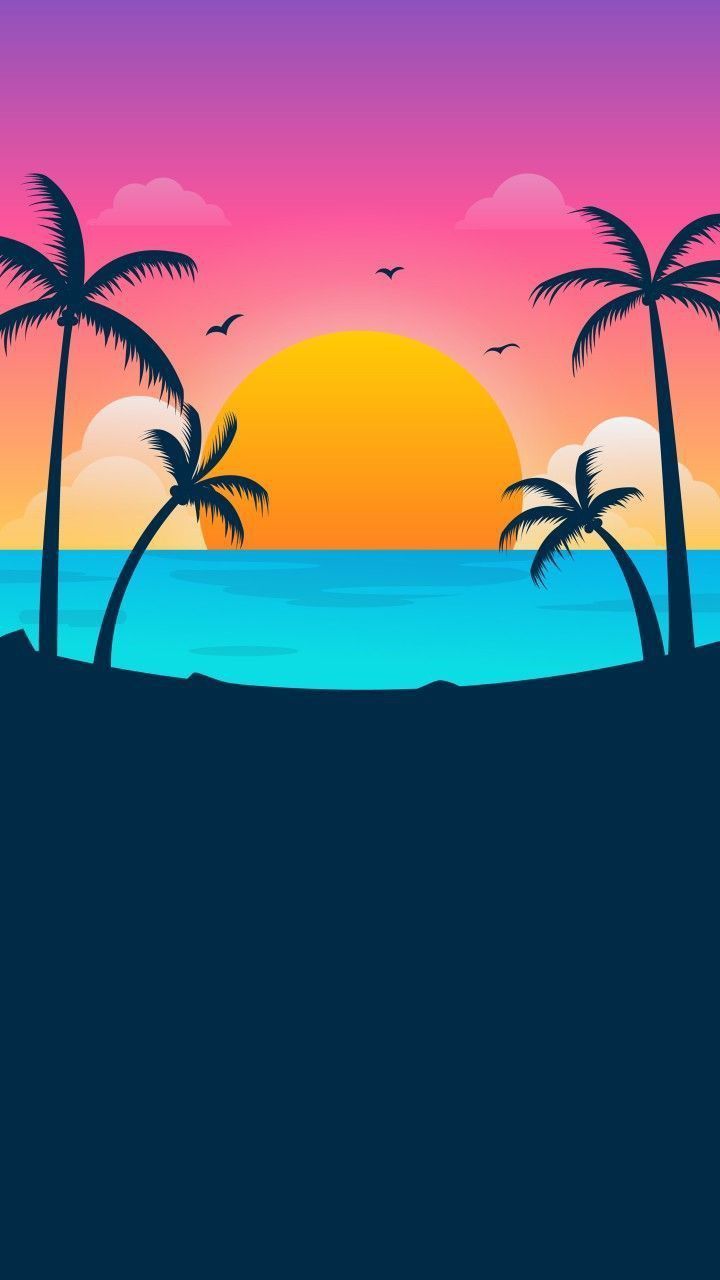 a sunset with palm trees on the beach