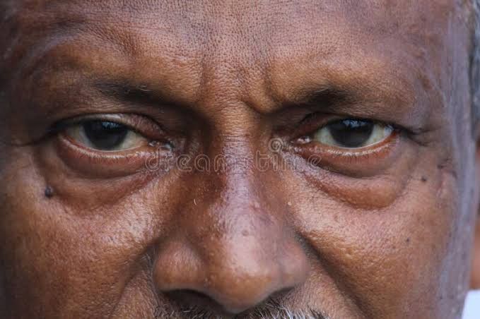 an old man with brown hair and blue eyes looks at the camera stock photos, close up