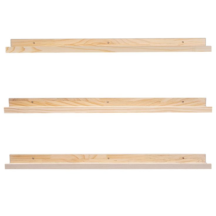 three wooden shelves are shown against a white background