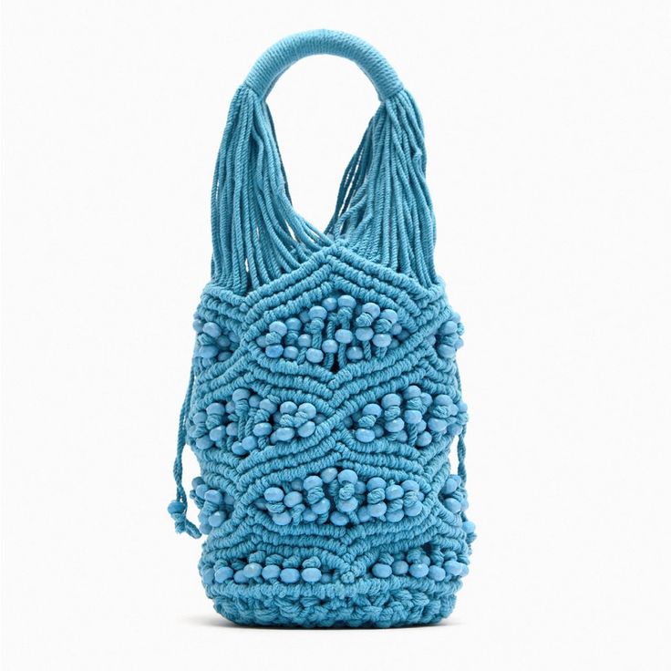 New With Tags Zara Bucket Bag With Woven Ropes And Beads Detail. Zara Bucket Bags For Vacation, Zara Bucket Bag For Vacation, Blue Bohemian Bag For Shopping, Blue Bohemian Bucket Bag, Blue Hobo Bag With Braided Handles, Blue Handwoven Bucket Bag, Blue Handwoven Summer Bags, Handwoven Blue Summer Bag, Summer Blue Handwoven Bags