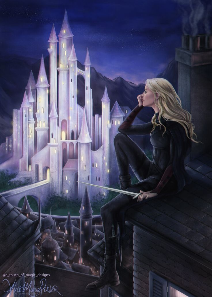 a painting of a woman sitting on top of a building with a castle in the background