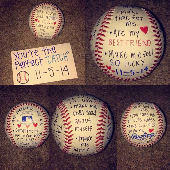 four baseballs that have been decorated with words on them and some writing on the balls