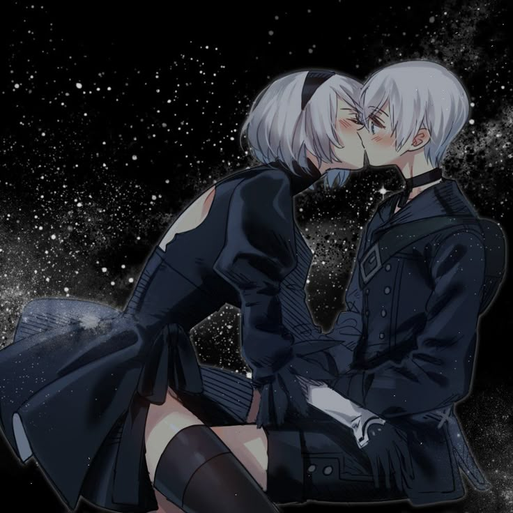 an anime couple kissing in the dark with stars behind them and snow flakes on the ground