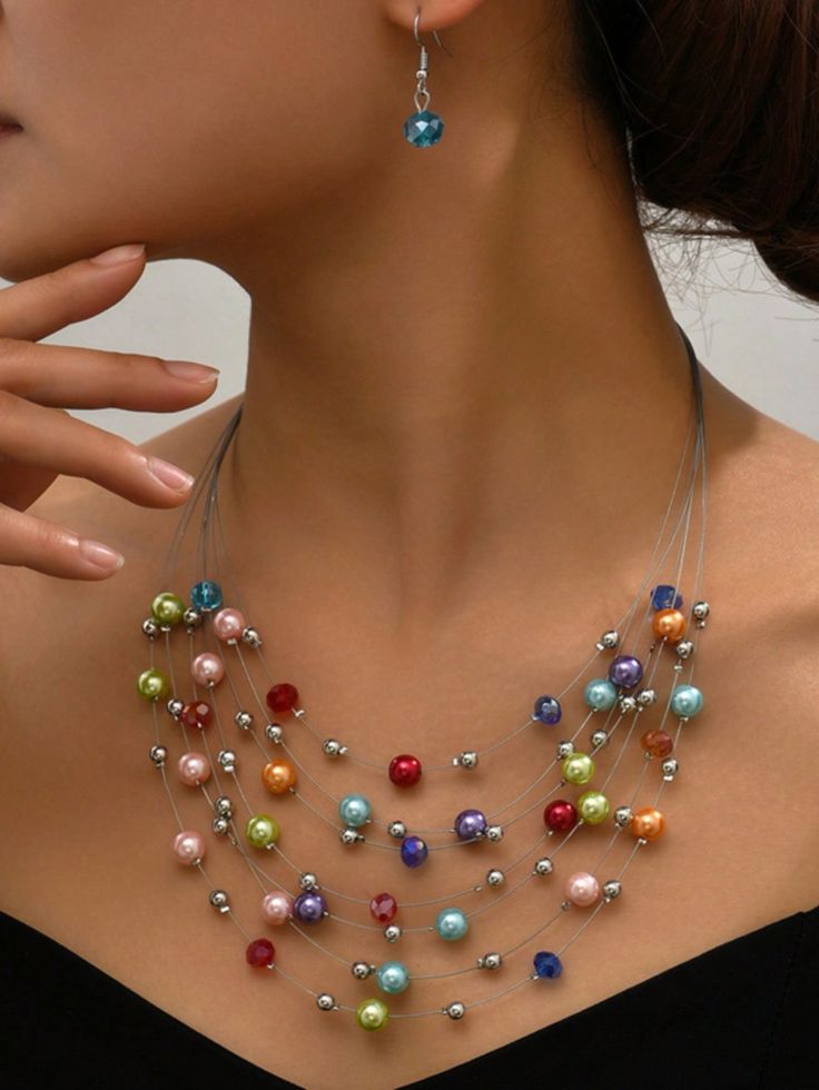 3pcs Christmas Style Colorful Faux Pearl Crystal Mixed Multi Layered Necklace For Women Exquisite Handmade Necklace Gift (Colorful Beads Randomly Arranged In Random Colors) Multicolor Fashionable   Zinc Alloy     Women Fashion Jewelry, size features are:Bust: ,Length: ,Sleeve Length: Crystal Earrings Diy, Multi Layered Necklace, Beads Craft Jewelry, Crystal Bead Necklace, Random Colors, Earrings Diy, Multi Layer Necklace, Christmas Style, Women's Jewelry Sets